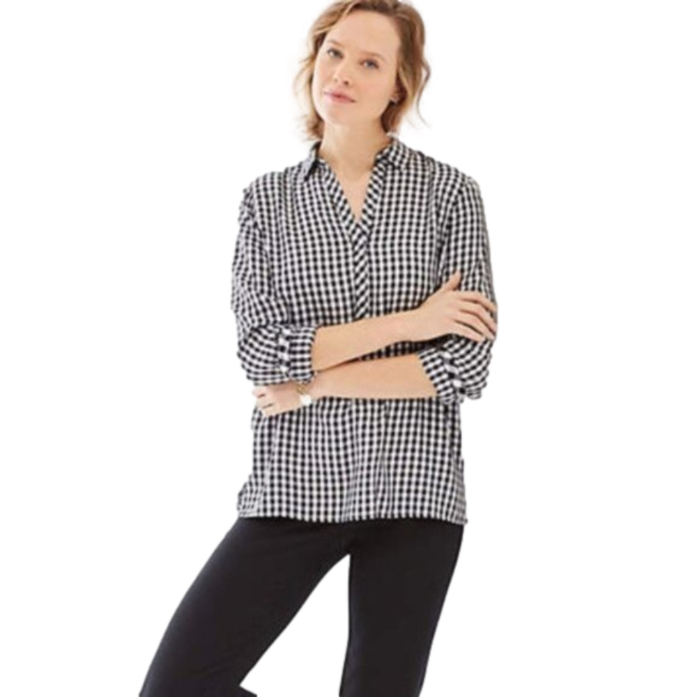 J. Jill LINEN Black White Gingham Long Sleeve‎ Collared Button Down Shirt Top MP